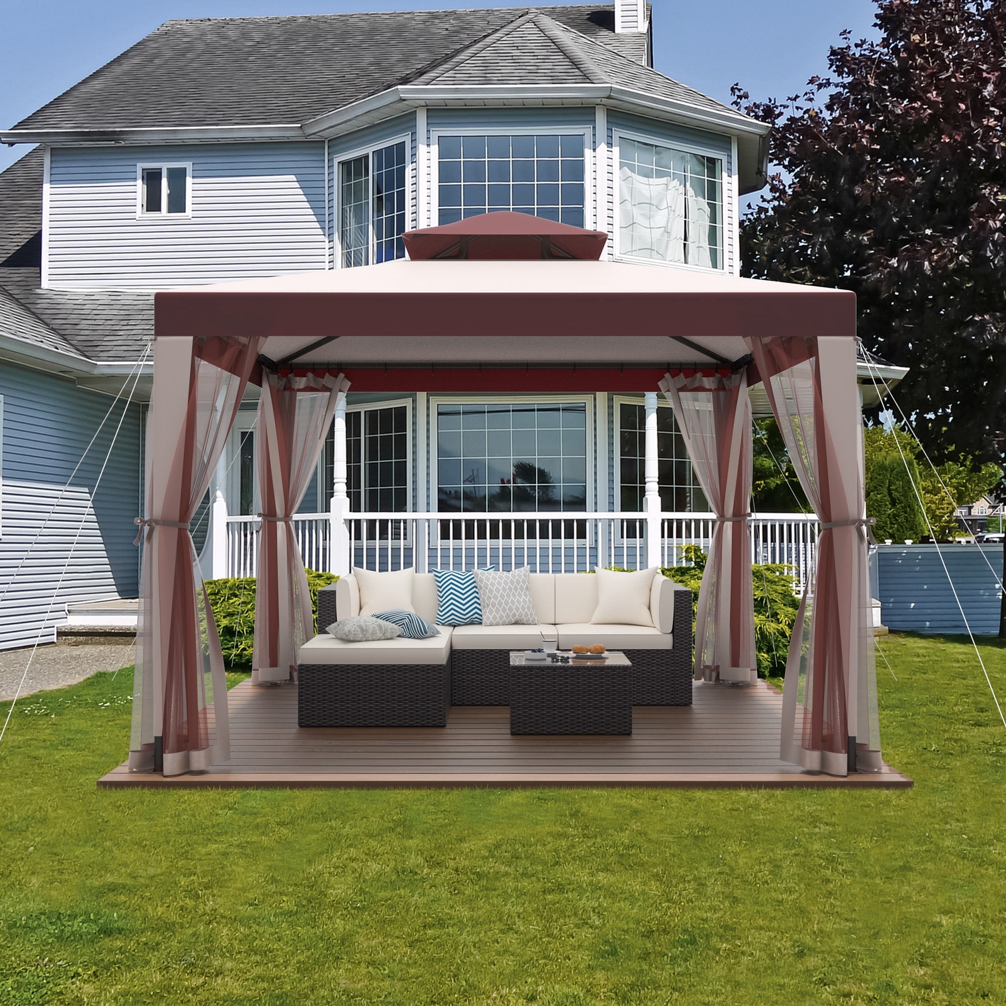 10'x10'  Patio Gazebo Tent Outdoor Canopy Shelter w/ Mosquito Netting & 2-Tiered Vented Top  for Garden, Backyard Deck And Lawns