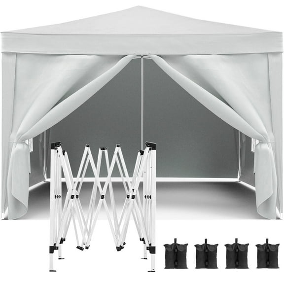 10'x10' Pop Up Canopy with 4 Removable Sidewalls, Outdoor Folding Canopy with Weight Bags and Carry Bag, Gazebo Waterproof Portable Tents for Parties Beach Camping Wedding, White