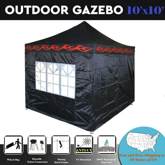 10'x10' Pop Up 4 Wall Party Tent Canopy Gazebo Ez Black Flame - F Model Upgraded Frame By DELTA Canopies