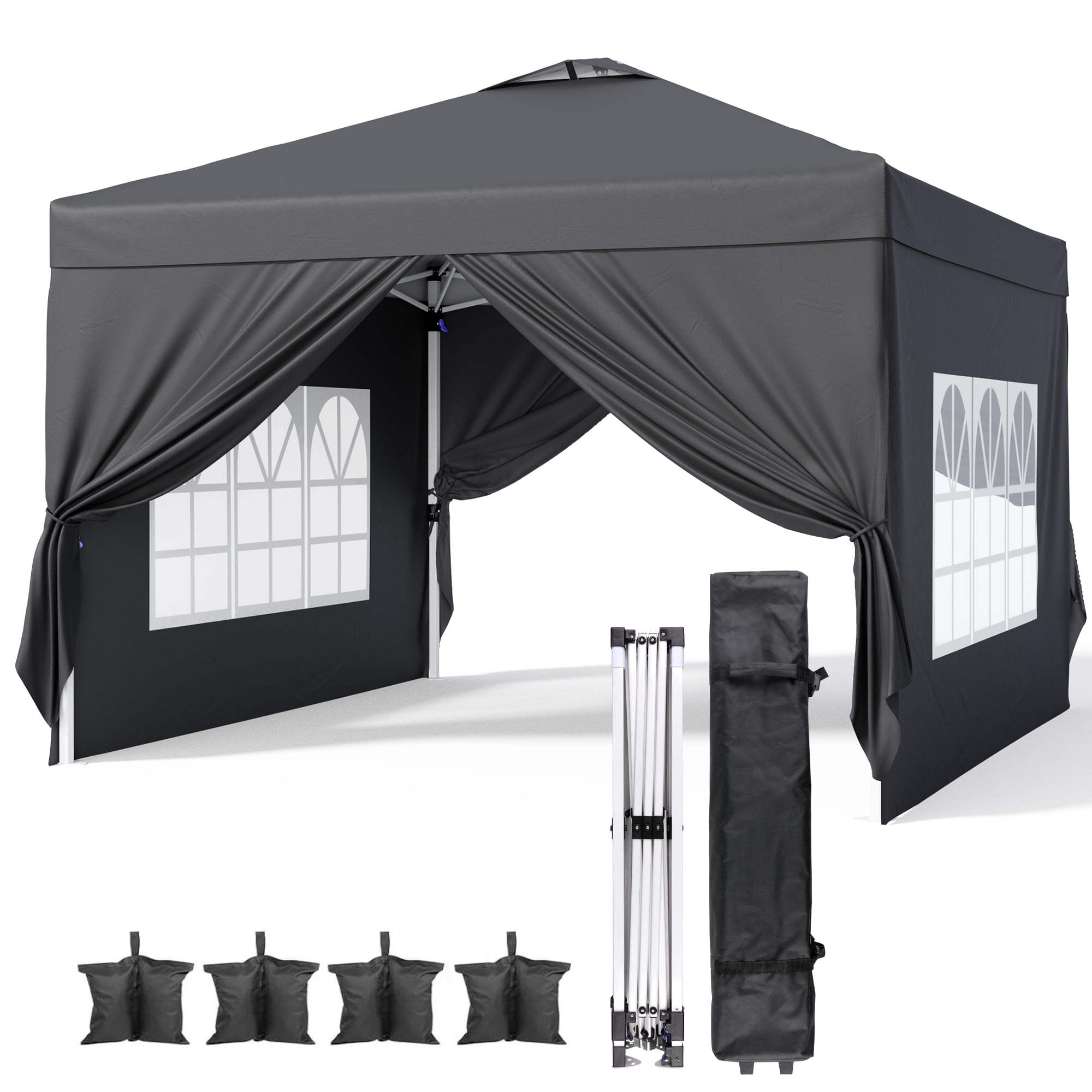 10'x10' Pop-up Canopy Tent with 4 Removable Sidewalls  Lofka   Portable Outdoor Canopy with 4 Sandbags, 8 Stakes & Ropes  Perfect for Beach, Party, Patio & Yard Events, Black
