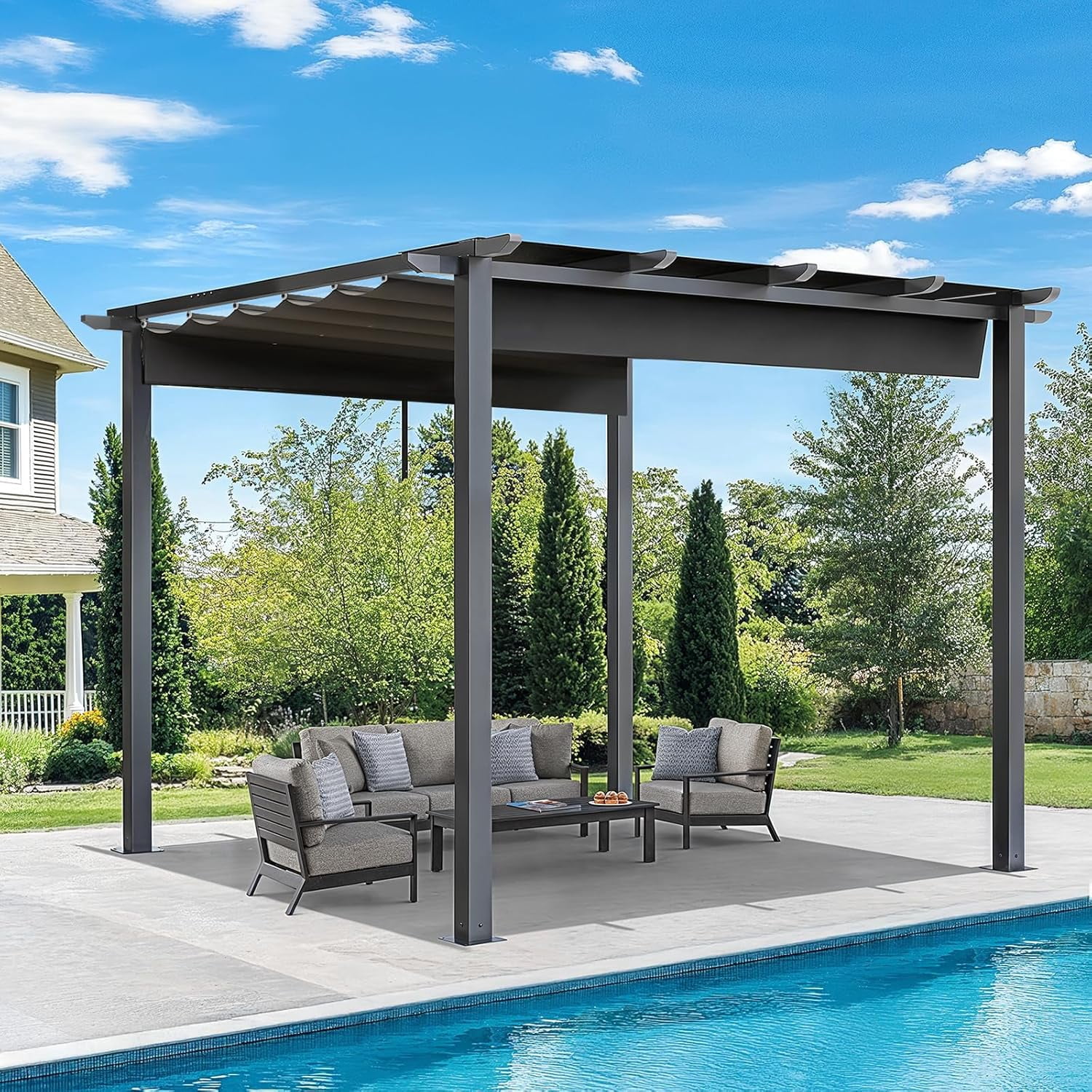 Vitarpatio 10' x 10' Outdoor Retractable Pergola with Canopy, Aluminum Pergola Patio Grill Gazebo w/ Drainage Holes & Windproof Hooks
