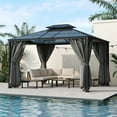 thumbnail image 1 of 10'x12' Hardtop Gazebo, Aluminum Frame Permanent Pavilion with Curtains and Netting, Outdoor Polycarbonate Double Roof Canopy, Designed for Garden, Lawns, Patio, Grey, 1 of 9