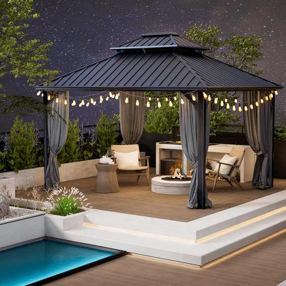 10'x12' Hardtop Gazebo, Outdoor Steel Double Galvanized Roof Canopy, Aluminum Frame Permanent Pavilion Metal Gazebo with Curtains and Nettings, Sunshade for Patios, Gardens, Lawns, Grey