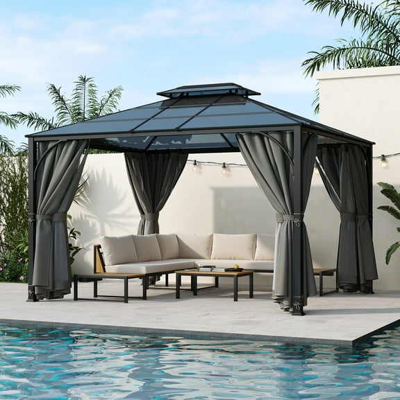 10'x12' Hardtop Outdoor Gazebo, Heavy Duty Double Roof Patio Gazebo with Aluminum Frame, Double-Layer Side Walls Mosquito Netting & Privacy Curtains for Patio, Garden, Backyard (Grey)