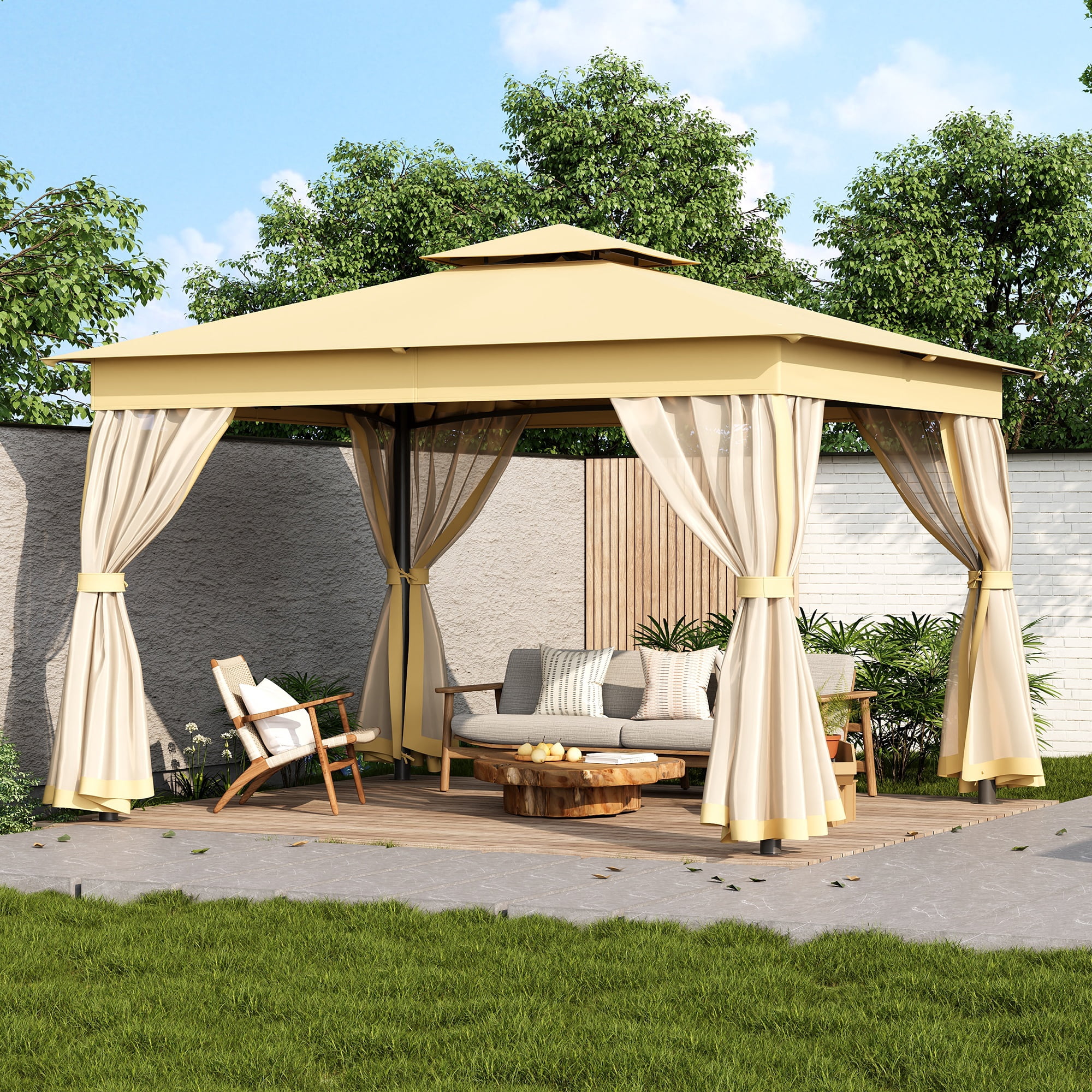10'x12' Outdoor Gazebo Tent with Double Roofs, Patio Gazebo with Mosquito Netting, Patio Canopy for Backyard, Garden, Lawn and Deck,Beige