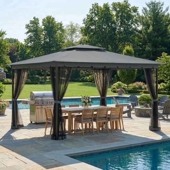 10'x12' Outdoor Gazebo with Double Roof, Metal Frame Patio Gazebo with Netting, Water-Resistant Canopy Tent for Backyard, Deck, Garden, Patio, Grey