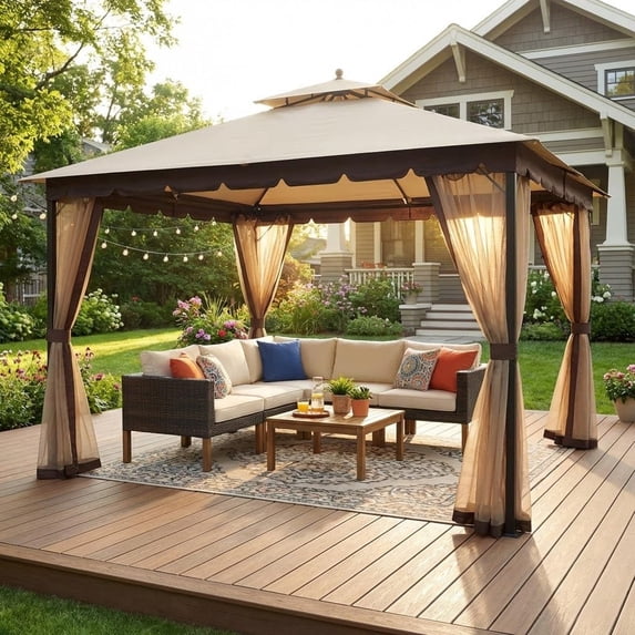 10'x12' Outdoor Gazebo with Double Roof, Metal Frame Patio Gazebo with Netting, Water-Resistant Canopy Tent for Backyard, Deck, Garden, Patio, Khaki