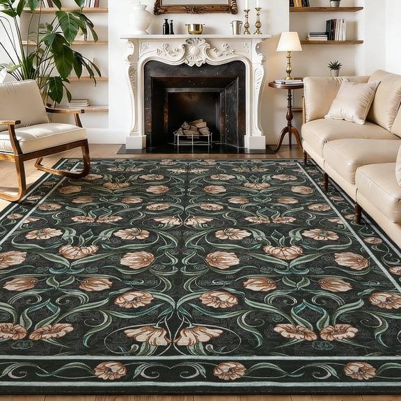 10'x13' Area Rug, Modern Floral Washable Rug, Non-Slip Low-Pile Soft Carpet for Bedroom, Living Room, Dining Room, Black