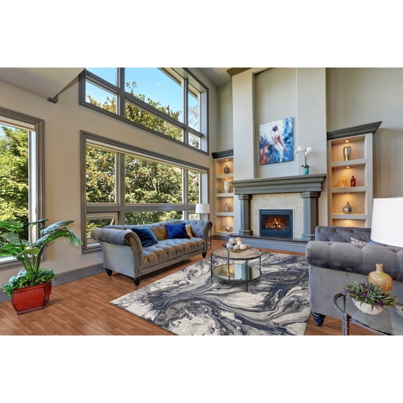 10'x13' Grey Machine Woven Abstract Watercolor Indoor Area Rug