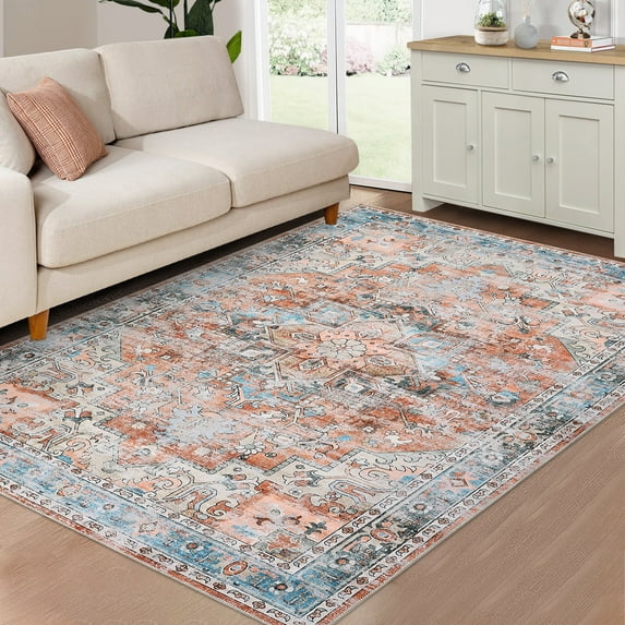 10'x13' Vintage Distressed Machine Washable Area Rug, Traditional Medallion Floral Non-Slip Low Pile Accent Carpet, Stain Resistant Rug for Living Room, Bedroom, Home Decor, Terracotta & Sky Blue