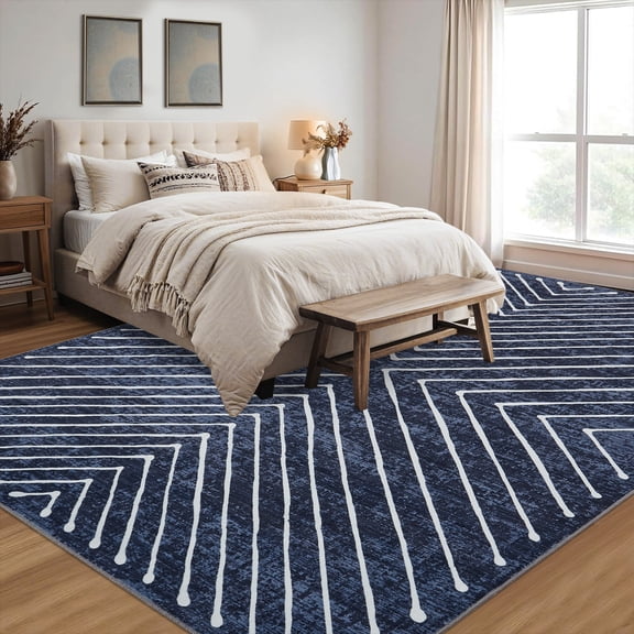 10'x13' ZACOO Distressed Chevron Geometric Low-Pile Indoor Area Rug Machine Washable Foldable Non-Slip Carpet for Entryway Lounge Kitchen , Blue