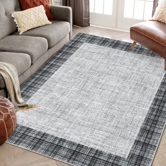 10'x13' ZACOO Textured Frame Plaid Low-Pile Foldable Indoor Area Rug Machine Washable Non-Shedding Carpet for Lounge Entryway Kitchen , Light Gray