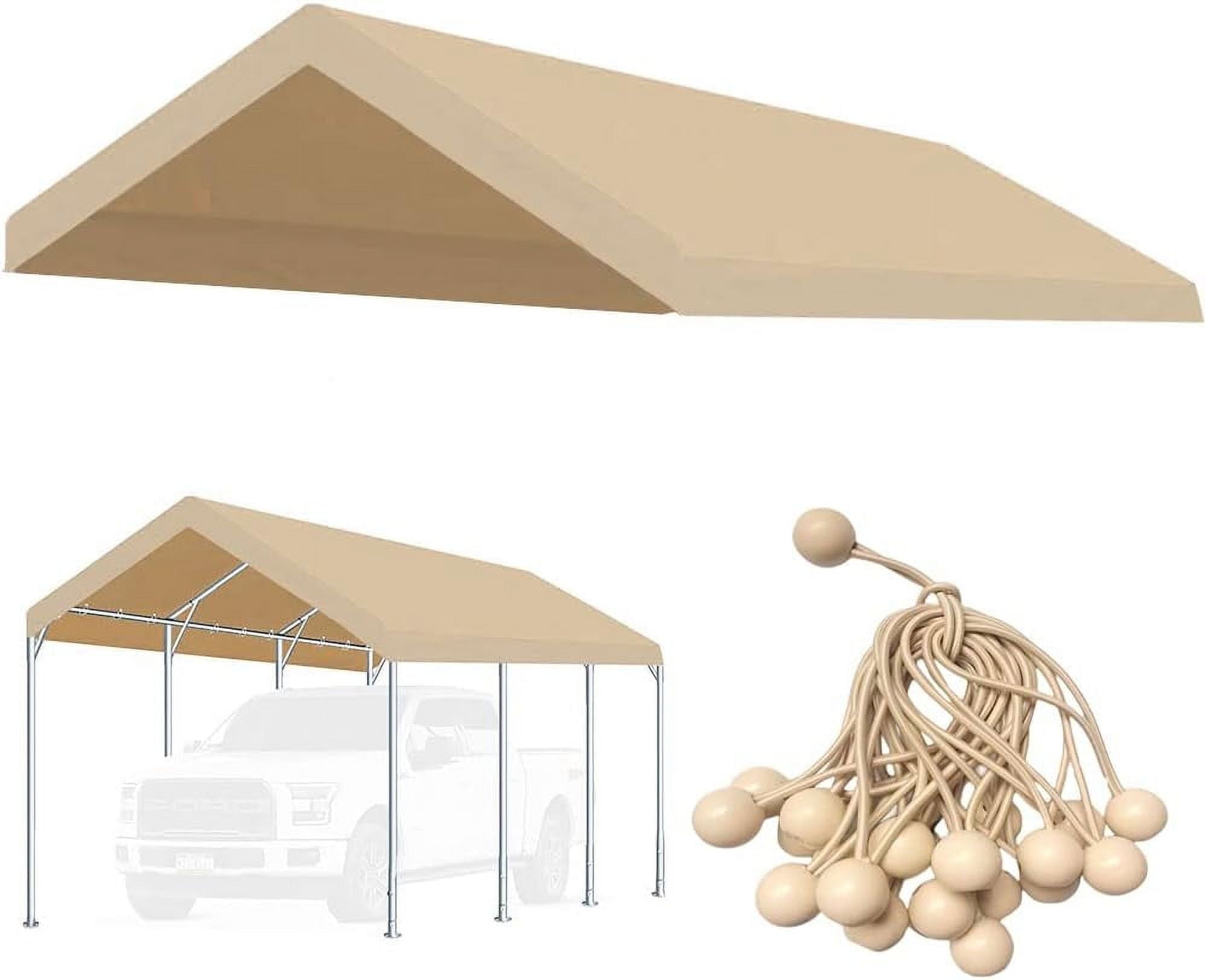 10'x20' Carport Canopy Replacement Top Cover for Car Garage Shelter Party Tent with Ball Bungees (Only Top Cover, Frame is not Included) Beige