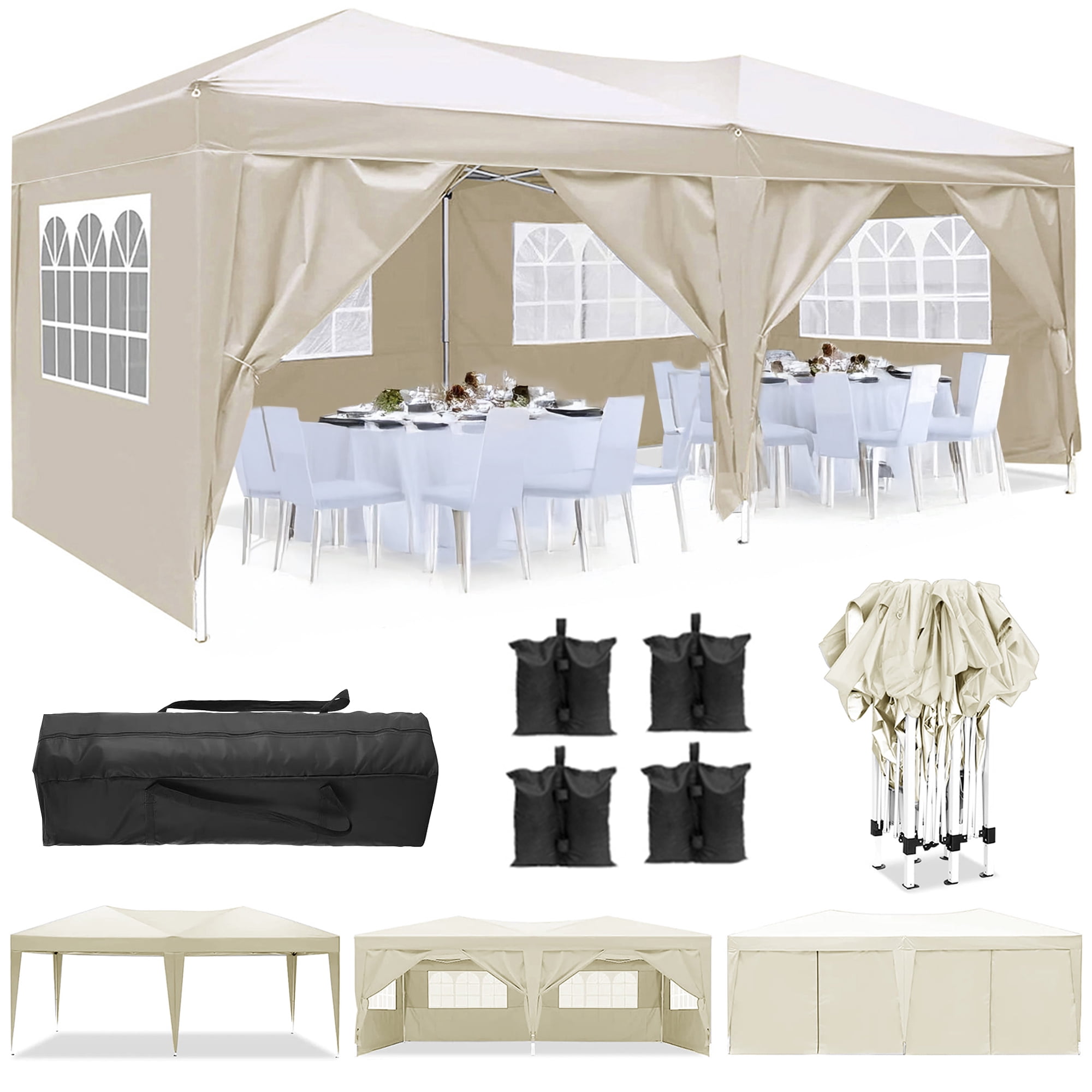 10'x20' EZ Pop Up Canopy Tent,Folding Outdoor Party Wedding Event Tent with 6 Removable Sidewalls for Parties Camping Wedding,Beige