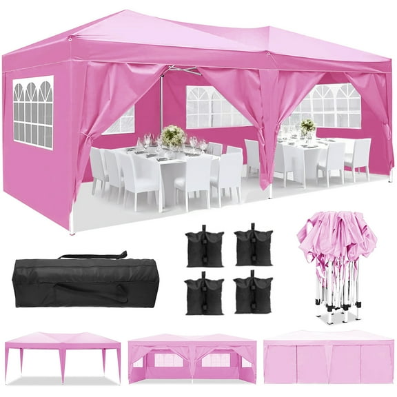 10'x20' EZ Pop Up Canopy Tent,Folding Outdoor Party Wedding Event Tent with 6 Removable Sidewalls for Parties Camping Wedding,Pink