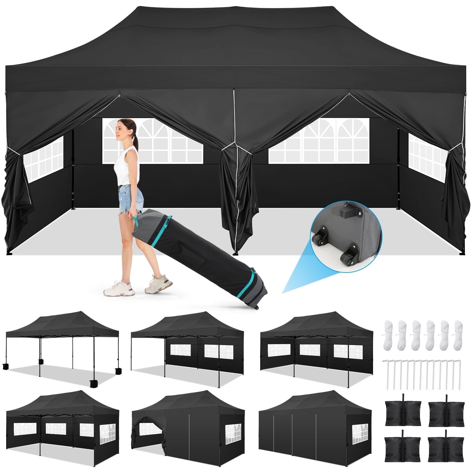 Black 10' x 20' Alloy Steel Outdoor Canopy Tent with Side Walls