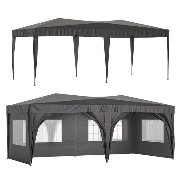 10'x20' Ez Pop Up Canopy, Tent Commercial Instant Portable Folding Market Shelter with 6 Removable Sidewalls, Carry Bag, 6pcs Weight Bag, UV-protective Canopies for Outdoor Gazebo, Black