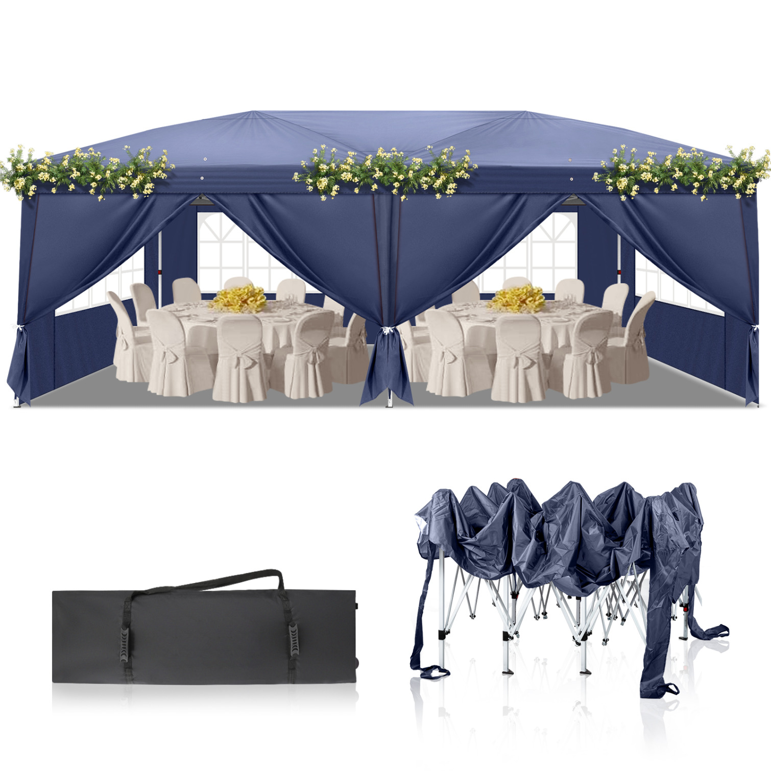 10'x20' Gazebo Waterproof Outdoor Canopy Patio Tent with Reinforced Canopy, 4 Windows Practical Waterproof Folding Tent, Party Tent for Wedding BBQ Cater, Blue