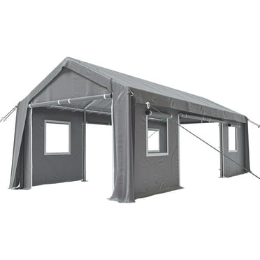 10'x20' Heavy-Duty Waterproof Carport Canopy, All-Season Portable Garage with 4 Roll-Up Doors and Windows for Car, Truck, and Boat Storage, Grey Color