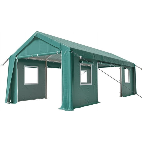 Joyspirit 10'x20' Heavy-Duty Waterproof Carport Canopy, All-Season Portable Garage with 4 Roll-Up Doors and Windows for Car, Truck, and Boat Storage, Green