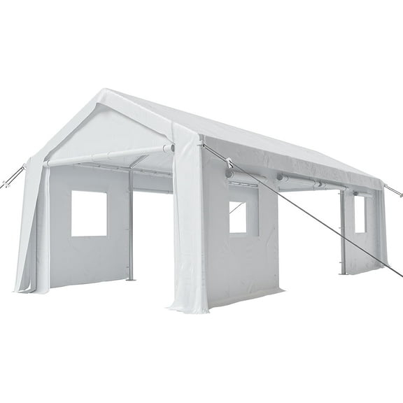 10'x20' Heavy-Duty Waterproof Carport Canopy, All-Season Portable Garage with 4 Roll-Up Doors and Windows for Car, Truck, and Boat Storage, White