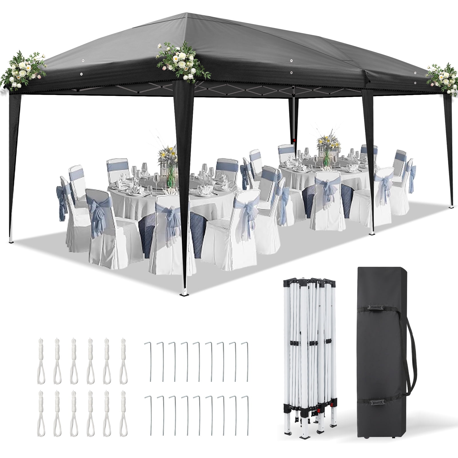 10'x20' Instant Pop Up Canopy Tent Black, No Sidewalls, 28/22mm Powder Coated Steel Frame, 10x20mm Crossbar, 210D Oxford Folding Outdoor Tent with Carry Bag, No Sandbags