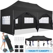 10'x20' Pop Up Canopy Waterproof Folding Tent Outdoor Easy Set-up Instant Tent Heavy Duty Commercial Wedding Party Shelter with 6 Removable Sidewalls, 4 Sandbags, Roller Bag, Black