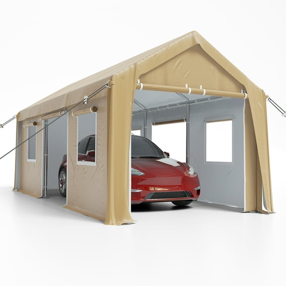 10'x20' Portable Carport Heavy Duty Garage, 1.0 mm Steel Poles & 180 g PE Waterproof Canopy, with Front & Rear Doors, 2 Side Doors, and 4 Windows, for Pickup Truck, and Boat, Yellow