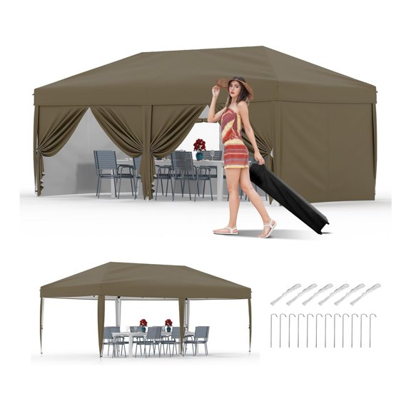 10'x20'inst antPop-Up Canopy Tent - Quick One-Push Assembly Sun Shelter for Outdoor Events, Parties, Camping & Commercial Use, Includes 6 Removable Sidewalls, Portable Wheeled Carry Bag