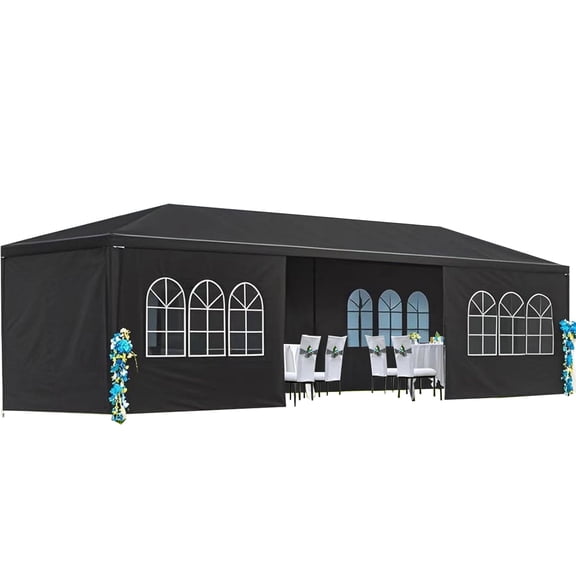 10'x30' Party Tent with 8 Removable Sidewalls, Heavy Duty Waterproof Canopy Gazebo for Outdoor Weddings BBQ Events Garden Backyard Patio, Black