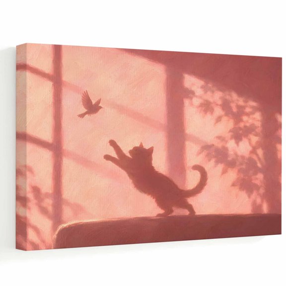 10"x8" Cat Shadow Canvas Wall Art for Living Room, Country Pink Window Grid Flying Bird Shadow Poster Print Painting for Nightstand Bathroom Collage Decoration Wall Pictures Prepare To Hang