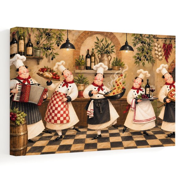 10"x8" Italian Chefs Canvas Wall Art for Living Room, Kitchen Country Dishes Checkered Floor Warm Ochre Poster Print Painting for Nightstand Bathroom Collage Decoration Wall Pictures Prepare To Hang