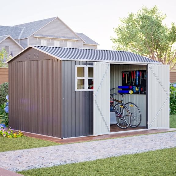 10'x8' Outdoor Storage Shed with Translucent Window, Large Metal Garden Tool Shed with Lockable Double Doors & Sloped Roof, Heavy Duty Steel Backyard Storage House for Lawn, Patio, Bike - Dark Gray