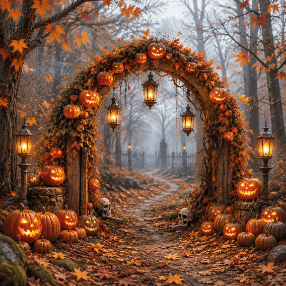 10'x8' Spooky Enchanted Forest Polyester Photography Backdrop with Jack-o-Lanterns