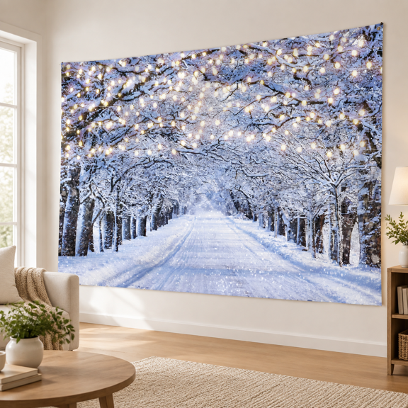 10'x8' Winter Wonderland Polyester Photo Backdrop with Snowflake and Tree Design