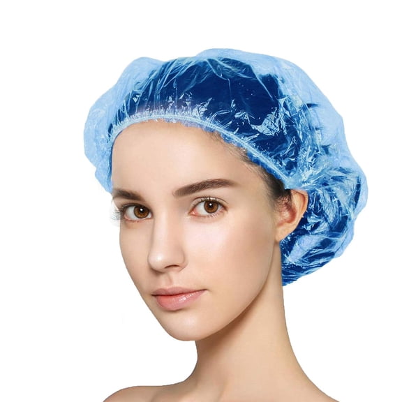 100+10 Disposable, Waterproof Plastic Bath Caps, Elastic Hair Processing Caps for Women Man Kids Girls, Hotel, Home Use (Blue)