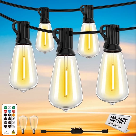 100+10FT LED Outdoor String Lights with Remote, Dusk to Dawn Sensor and DIY Timer, 32 ST38 Shatterproof Edison Bulbs, Waterproof Hanging Warm White Lights, Connectable and Dimmable for Patio