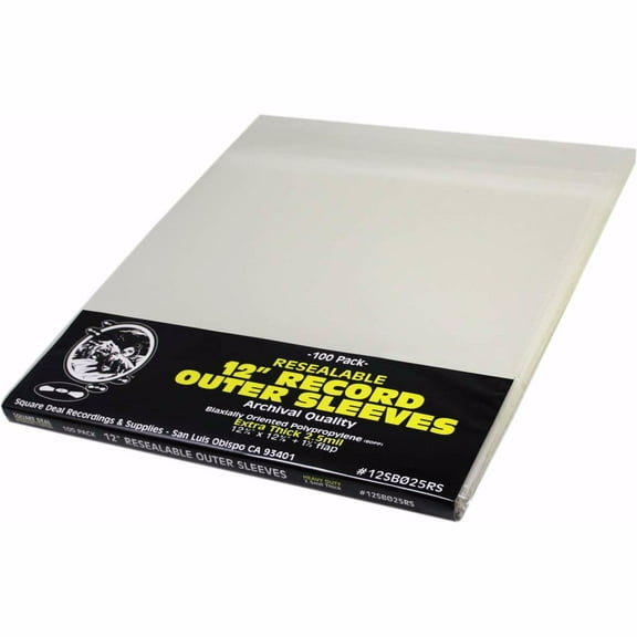 (100) 12 Vinyl Record Outer Sleeves  Extra Thick Resealable - Super Clear, Archival Quality - Premium 2.5 mil Thick - #12SB025RS