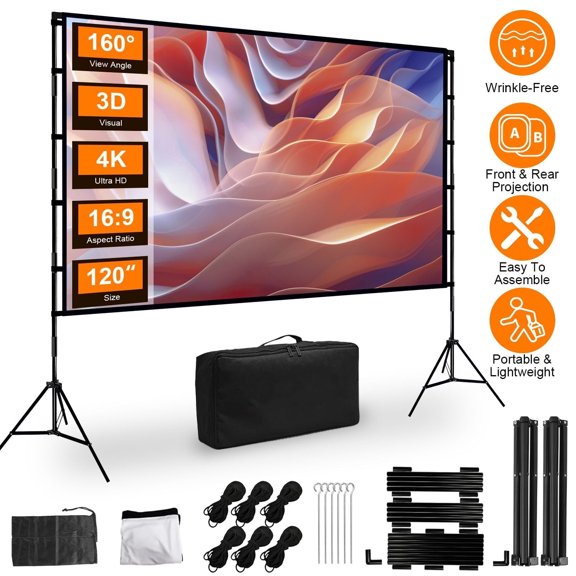 100-120" Portable Projector Screen with Stand Foldable Anti-Crease HD 4K Movie Screen 16:9 160° Wide Viewing Angle Indoor/Outdoor Use for Home Theater Parties & Business Presentations with Carry