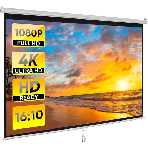100" 16:10 Manual Projector Screen with Auto Lock Anti-Crease Theater Office Wall Mounted Ceiling Pull Down Projection 1.1 Matte White