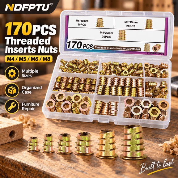 100/170 PCS Threaded Inserts for Wood M4 M5 M6 M8 Zinc Alloy Wood Threaded Insert Nut Assortment Hex Socket Screw in Nuts for Furniture Cabinet Table Chair Repair