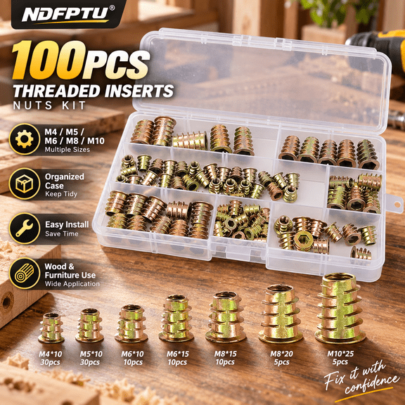 100/170 PCS Threaded Inserts for Wood M4 M5 M6 M8 Zinc Alloy Wood Threaded Insert Nut Assortment Hex Socket Screw in Nuts for Furniture Cabinet Table Chair Repair