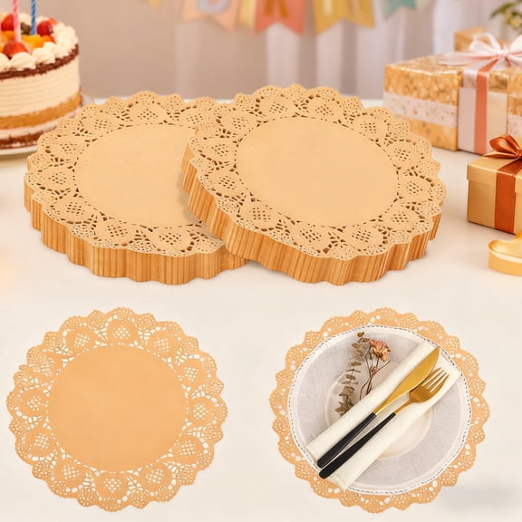 100/200/300 Pack Round Brown Kraft Paper Doilies 13.5 Inches Lace Paper Place Mats Rustic Scallop Doily Disposable Table Pads for Food Cakes Crafts Party Weddings Tableware Decor