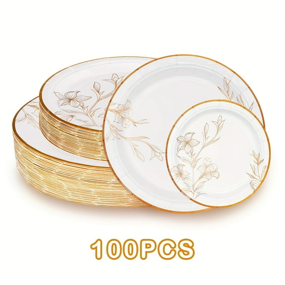 100/200/300pcs Disposable Golden Floral Tableware Set, Microwavable Plates, Ideal for Birthdays, Weddings, Picnics & Camping