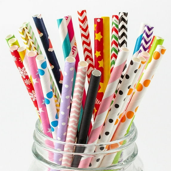 100-200 Bulk Packed Paper Straws Pattern Color -Biodegradable FDA Approved