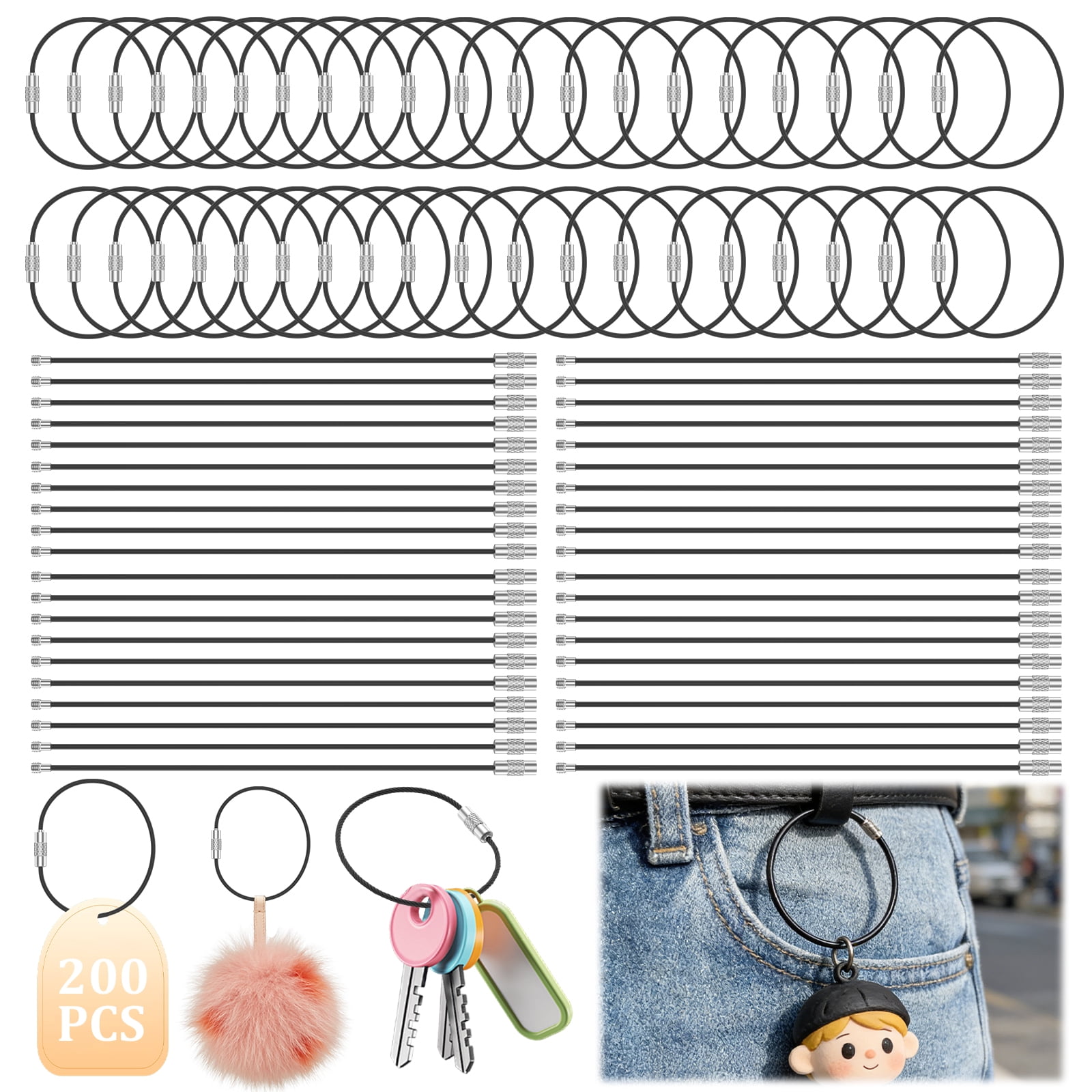 100/200 PCS Keychain 5.9 Inches Wire Ring 0.059 Inches Thickness Cable Loop Ring for Hanging Luggage Tag Key and ID Card