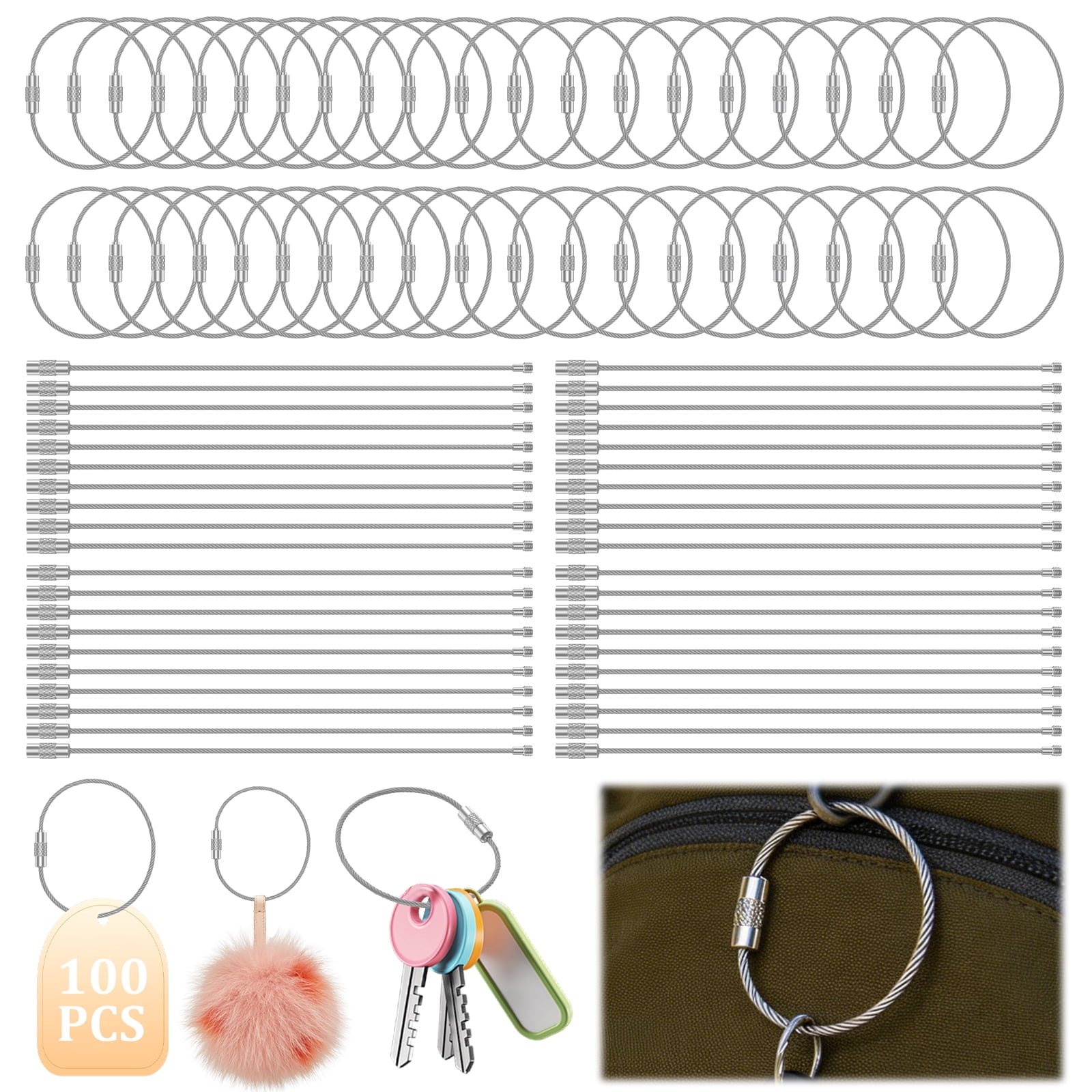 100/200 PCS Keychain 5.9 Inches Wire Ring 0.059 Inches Thickness Cable Loop Ring for Hanging Luggage Tag Key and ID Card