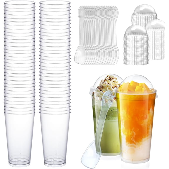 100 3-ounce mini dessert cups with lid and spoon clear plastic disposable frozen food cups for Easter spring party appetizers, catering, weddings, small bowls for sweet shops (300)