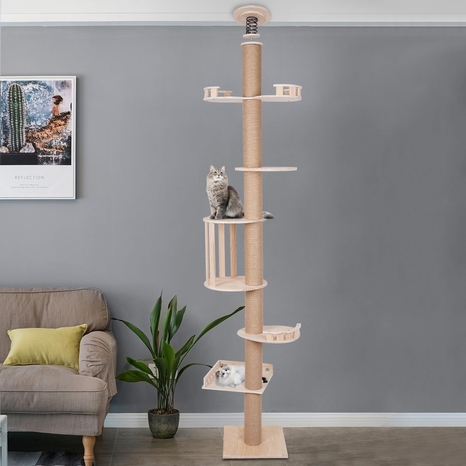 100.4-104.3" Tall Wood Cat Tower Tree Wall with Sisal Scratching Climbing Posts  for about 30.07-44.09lbs of cats and can be widely used in the living room, bedroom, balcony