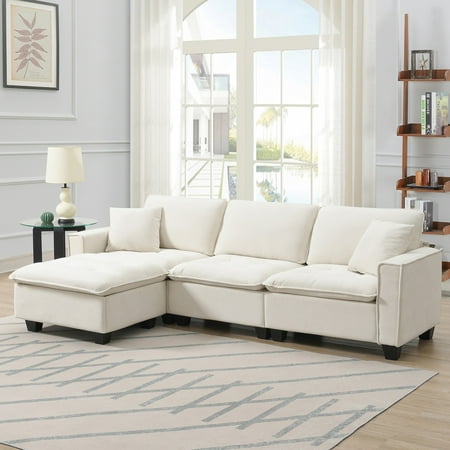 100*59" Modern Convertible Sectional Sofa, L-shaped Reversible Couch Set with Free Pillows, 4 Seat Suede Velvet Sleeper Sofa with Ottoman for Living Room, Apartment, Offices (Beige)